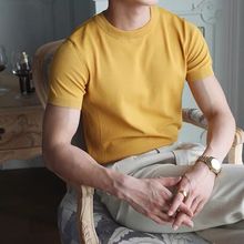 夏季新款韩国圆领短袖T恤男韩版潮流针织冰丝打底衫纯色休闲上衣