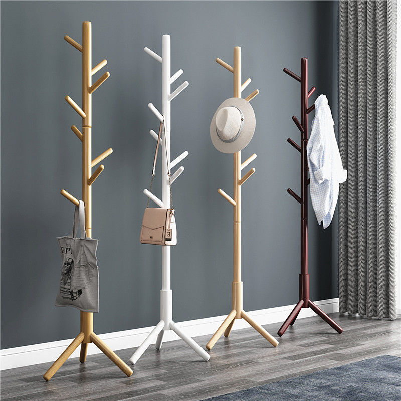 Solid Wood Coat Rack Floor-Standing Bedroom Clothes Rack Modern Simple Clothes Rack Living Room Vertical Simple Household Bag Rack
