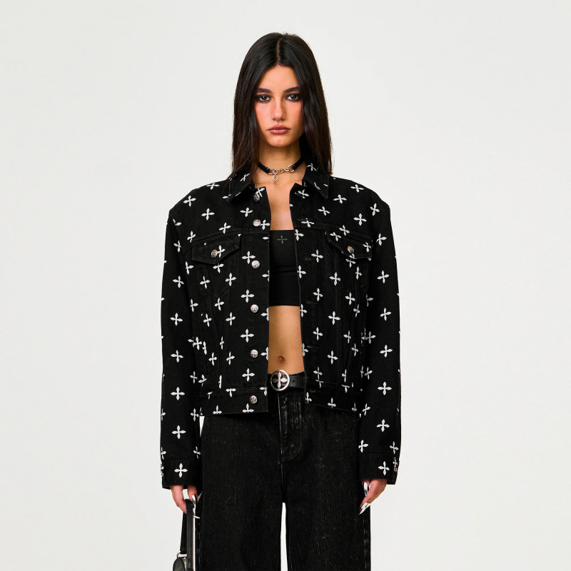 SMFK Eternal Garden Denim Jacket with All-Over Cross Print Classic Cotton Jacket, Spring 2025 New Arrival
