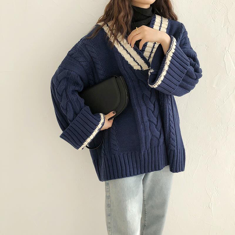 Cross-border coreano otoño y invierno nuevo suéter de torsión de cuello en V mujer retro camisa de color de contraste floja camisa de punto suelta mujer