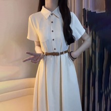 送腰带法式甜美学院风Polo领连衣裙女学生夏季韩版气质收腰A字裙