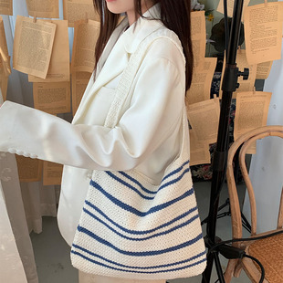 Japanese and Korean Style Simple Cross-border Knitted Bag Striped Woven Bag Bag Women's High-grade Niche All-match Wool Shoulder Bag