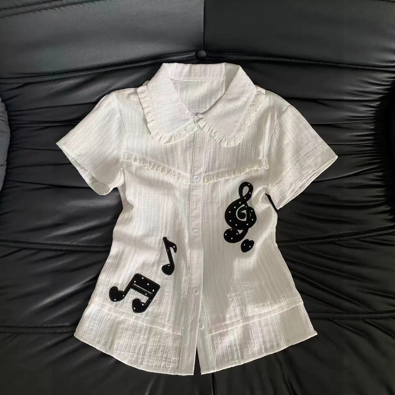 Pure Cotton American-Style Spicy Girl Style Shirt with Musical Note Print, Doll Collar, Summer Commute Slim-Fit Short-Sleeve Blouse for Petite Women Pure Cotton American-Style Spicy Girl Style Shirt with Musical Note Print, Doll Collar, Summer Commute Slim-Fit Short-Sleeve Blouse for Petite Women