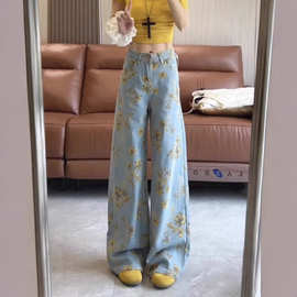 【非实拍】黄碎花阔腿牛仔裤女高腰慵懒宽松2025美式复古直筒长裤