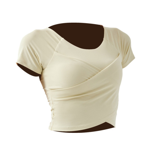Sports yoga T-shirt for women, naked, quick-drying, running short-sleeved with chest pad, sexy navel-baring cross-waist wear fitness clothes