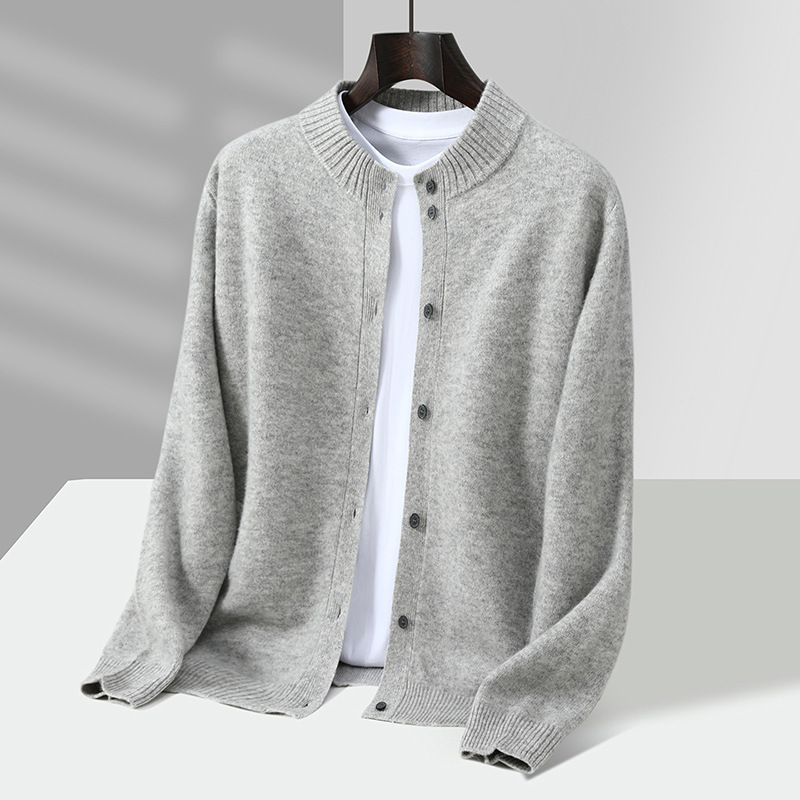 Autumn and Winter New Style 100% Pure Wool Cardigan Men's Stand Collar Buttoned Simple Loose Thickeneded Knitwear Jacket Knitwear