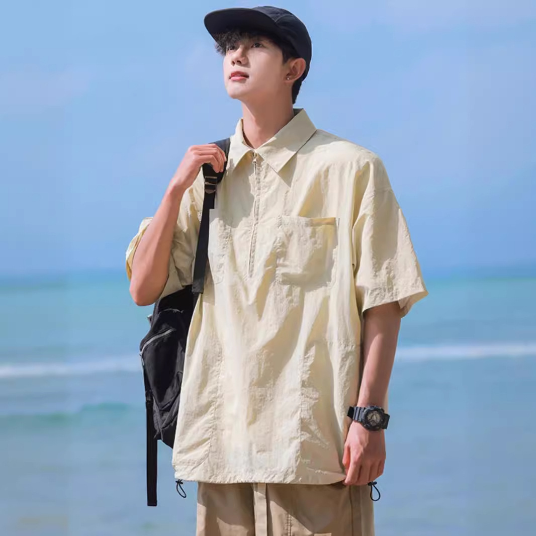 Half zip short shirt, men's summer brand, trendy and cool workwear, half sleeved casual lapel polo shirt_voghion.com