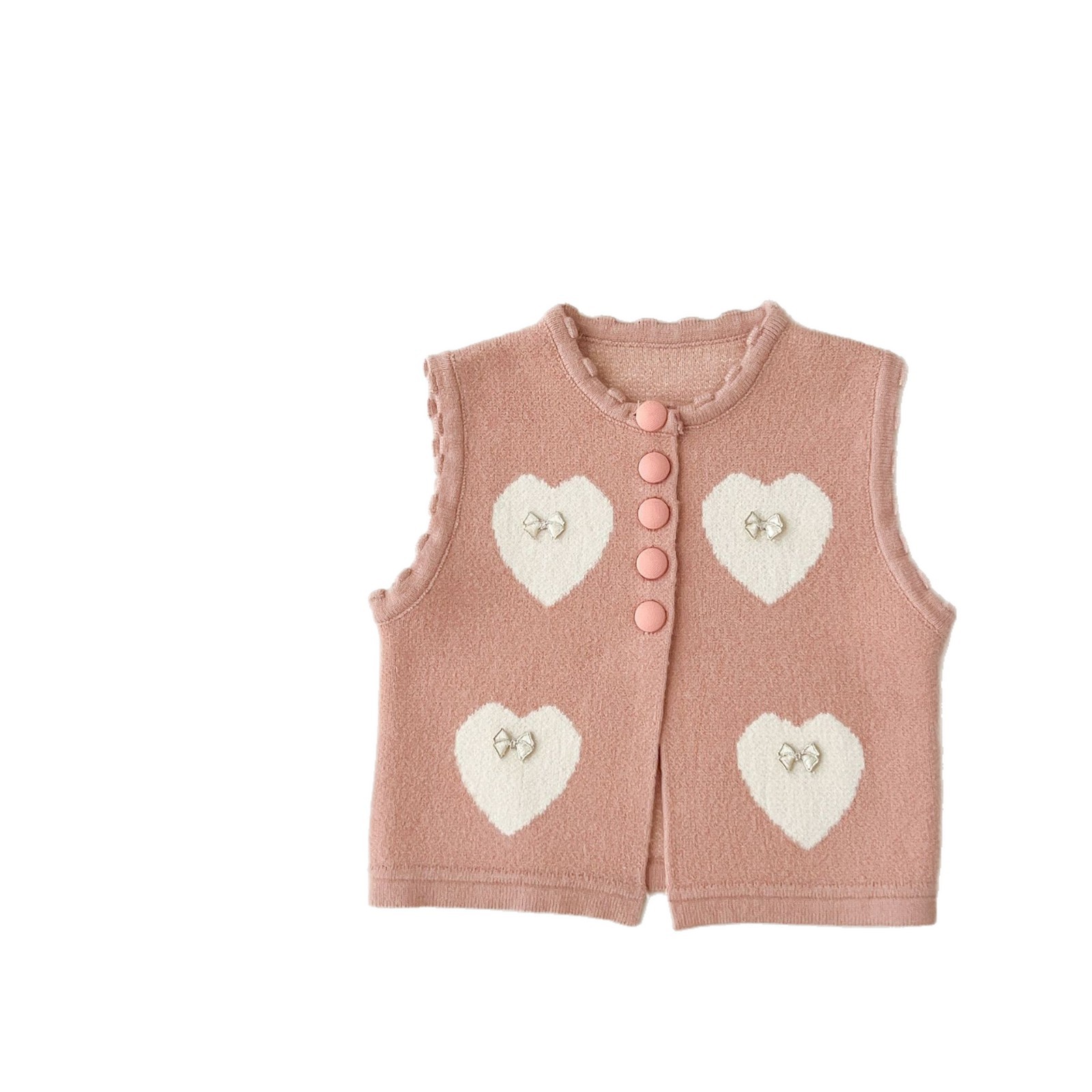 Niñas 2025 otoño y invierno nuevo chaleco de punto coreano estilo extranjero bebé de cuello redondo amor chaleco de punto cardigan