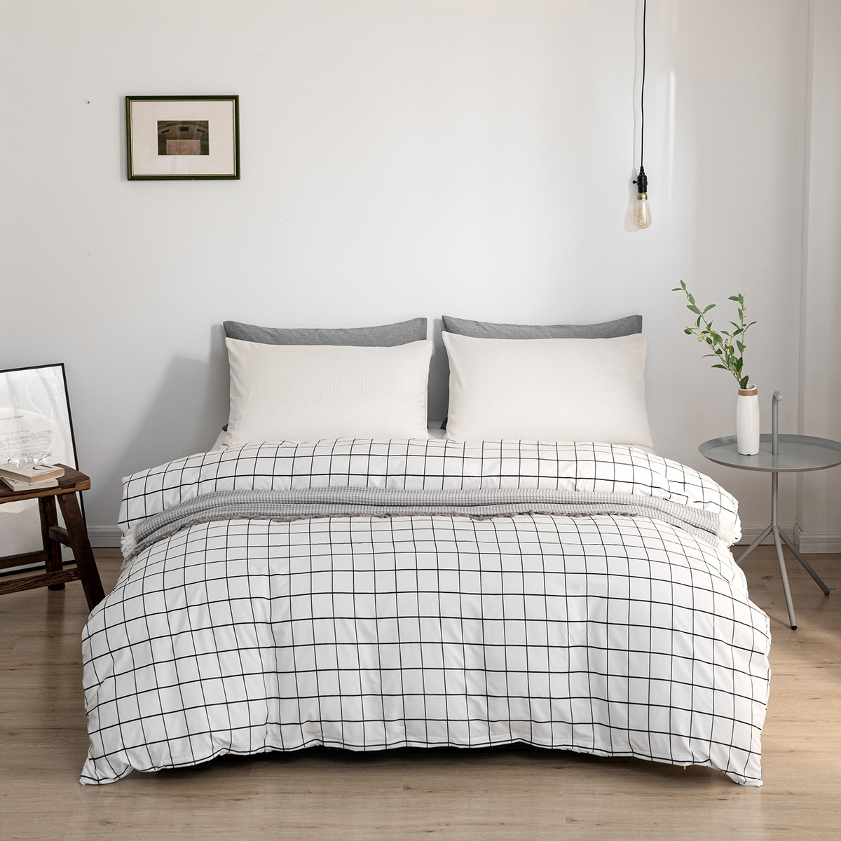 Home textile minimalist Nordic style bedding dormitory single piece sheet matte printed black and white checkered duvet_voghion.com