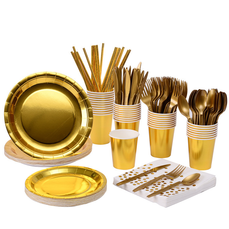 Yaosheng paper tableware pure bronzing color suit series party disposable dish paper cup paper towel knife, fork and spoon straw