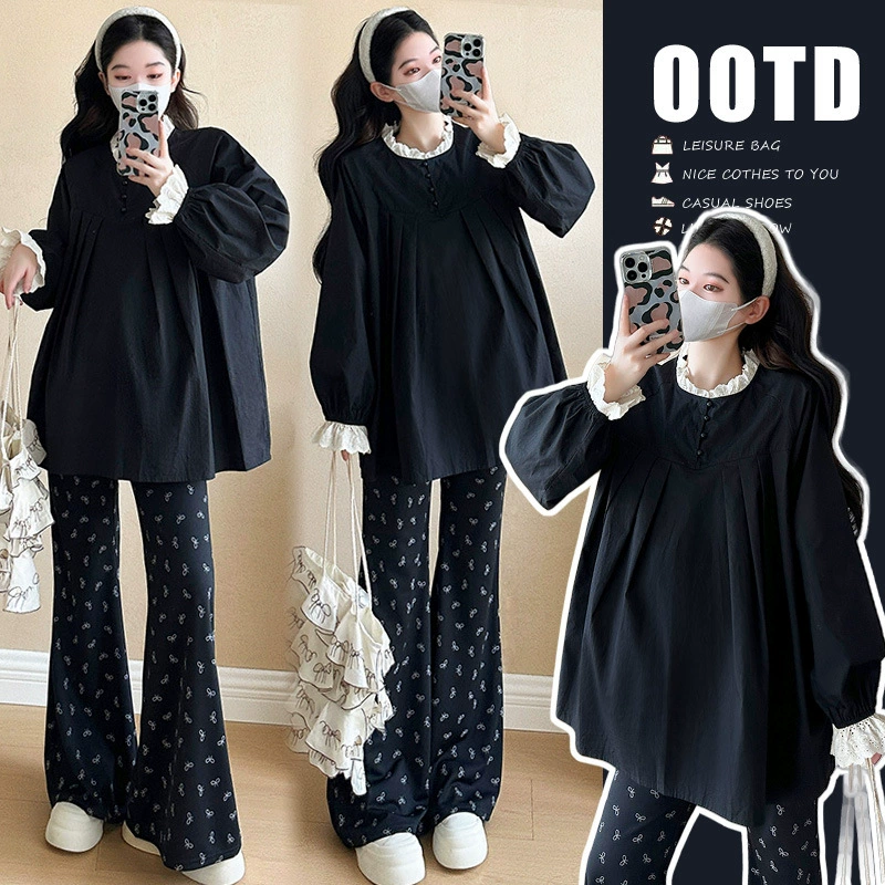 Одежда для беременных весной 2025 новый стиль иностранная мода дикие рубашки куклы с кружевным вырезом для беременных костюм
