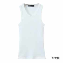 速卖通跨境货源外贸批发秋季新款欧美风弹力罗纹简约无袖圆领上衣