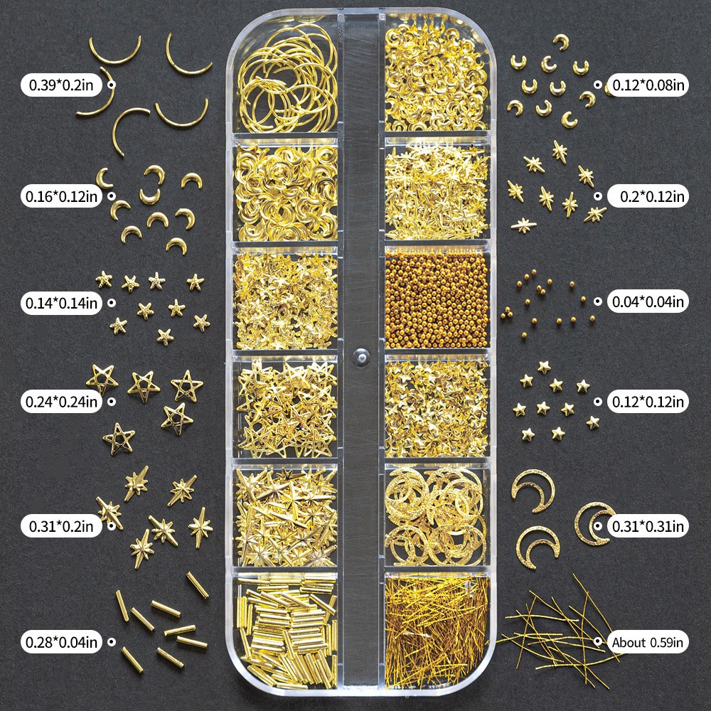 Explosiones transfronterizas de 12 grados mezclados oro y plata joyas de manicuría de perlas estrella y luna accesorios de decoración de uñas metálicas