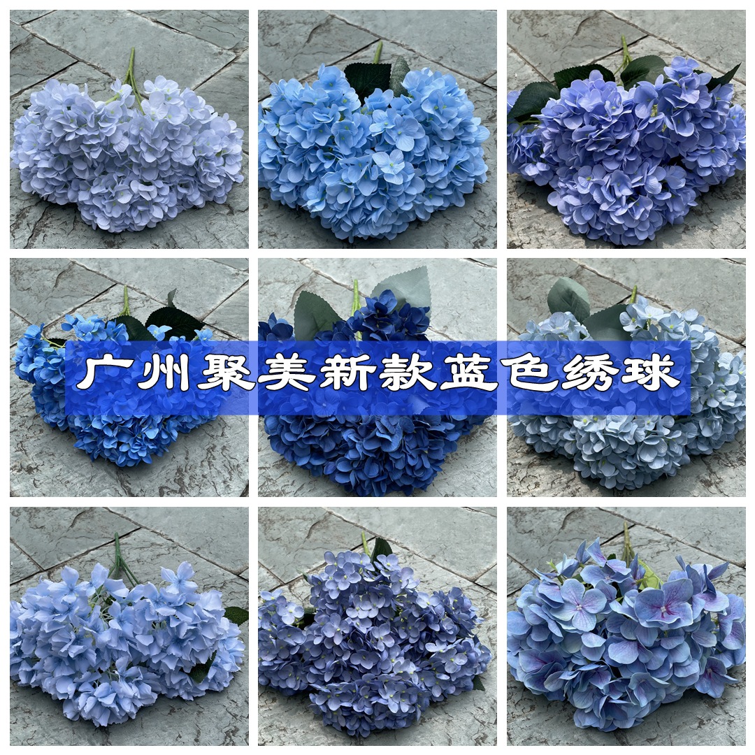 Nuevo azul sola cabeza Hortensia Comercio exterior luz azul oscuro boda simulación Hortensia carretera plomo techo mano sosteniendo flor falsa al por mayor