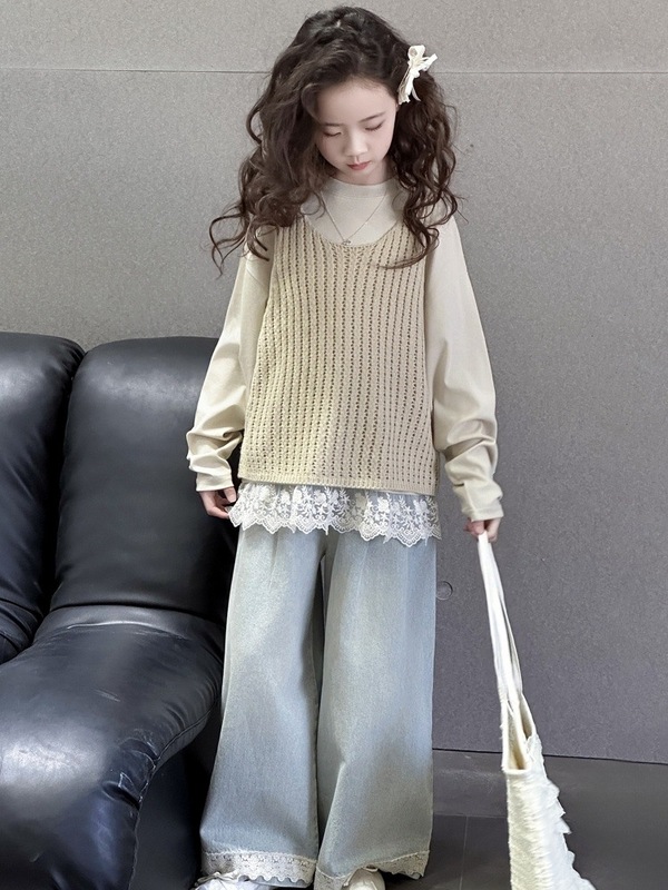女童套装2025秋季新款中大童韩系花边打底衫针织背心牛仔裤三件套|undefined