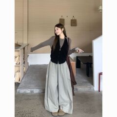 复古气质韩系长袖针织衫内搭挂脖马甲女秋季百搭工装阔腿裤三件套
