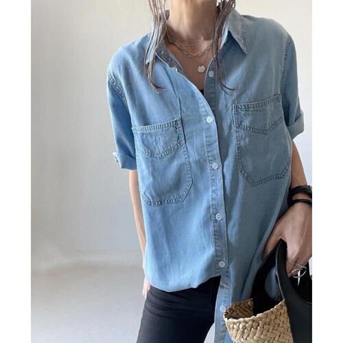 Summer Japanese style new loose slimming denim short-sleeved design shirt versatile top for women 