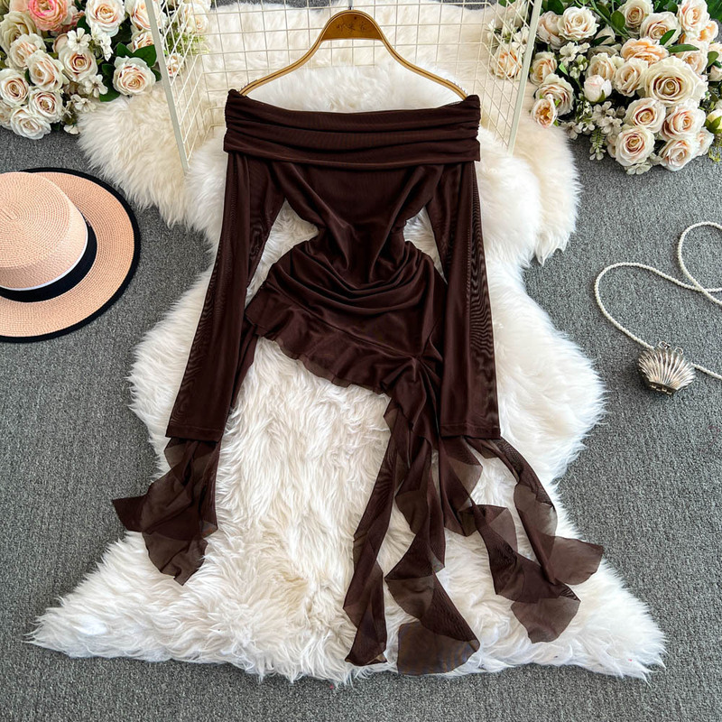 Foreign Trade American Style Spicy Girl Off-Shoulder Long-Sleeve T-Shirt for Women, Summer Irregular Ruffle Slim Fit Hem Ins Pure Desire