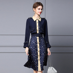 Zhili 2021 autumn new dress fake two-piece temperament Lapel medium and long sleeve closed waist thin A-line skirt