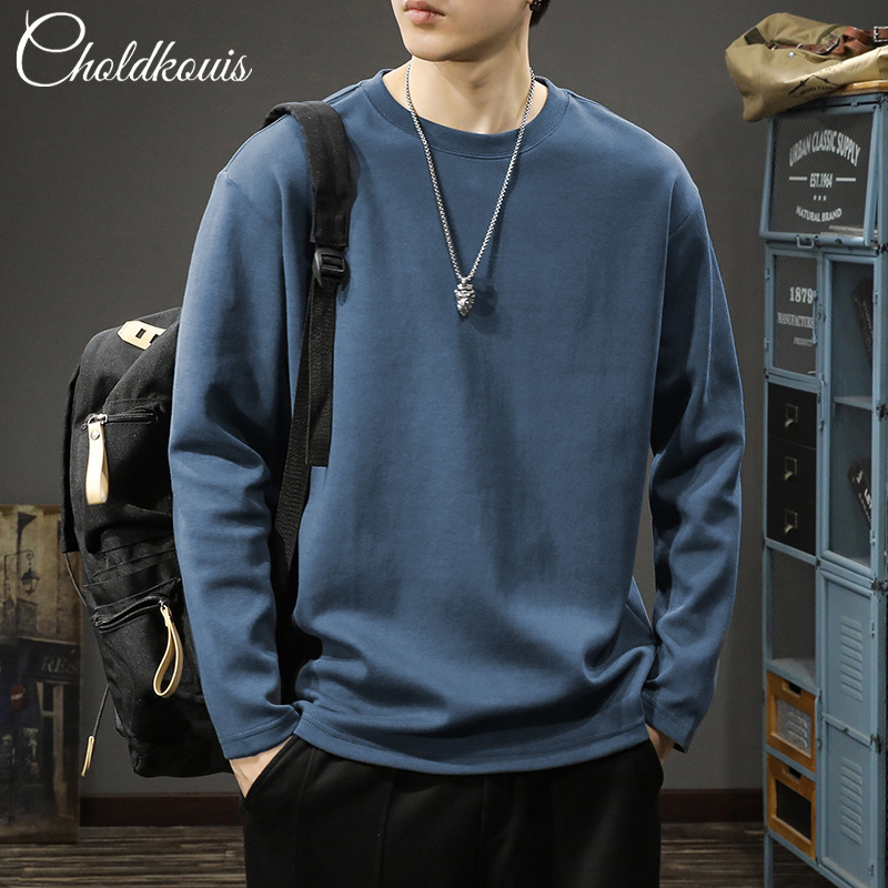 Spring 2024 Casual Long-sleeved T-shirt Men's Pure Cotton plus size Loose Base Shirt Heavy Solid Color Round Collar Fashion