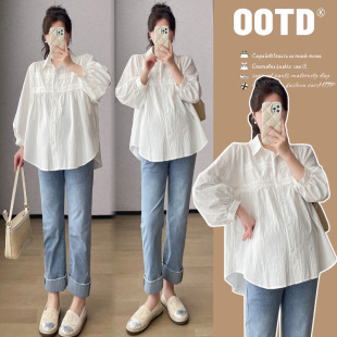 2024 Real Shot in stock Pregnant Women Spring and Autumn Temperament Lace Simple White Loose Joker Shirt Business Top