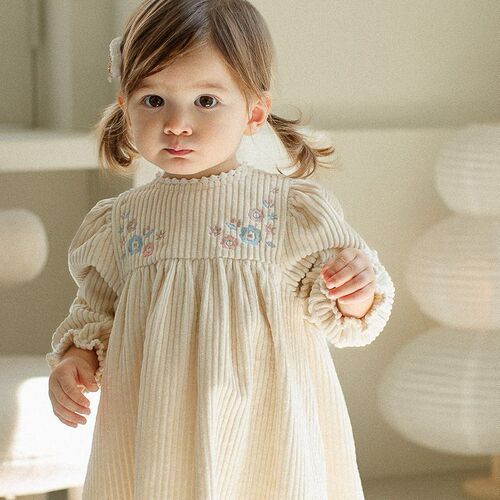 Girls Dress Spring 2024 Spring New Children's Spring Style Little Girl Corduroy Embroidered Long Sleeve Princess Dress