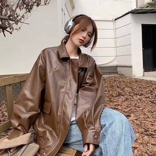 Autumn and Winter Retro Harajuku Hong Kong style motorcycle clothing loose leather jacket jacket couple fashion ins design sense