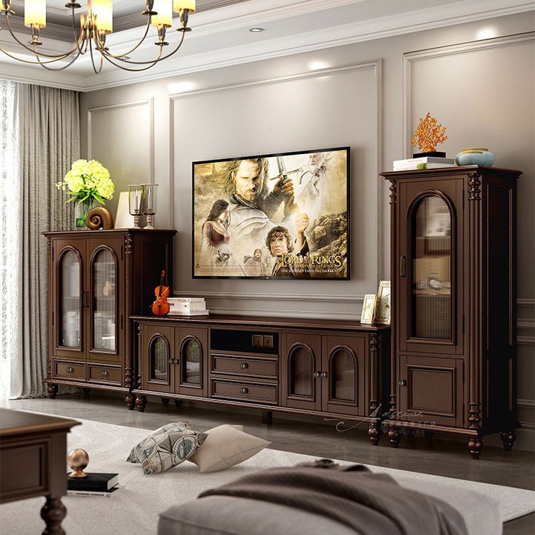 American Solid Wood Tv Cabinet Coffee Table Combination Walnut Color Video Cabinet Living Room Ash Wood Furniture Retro Style Cabinet