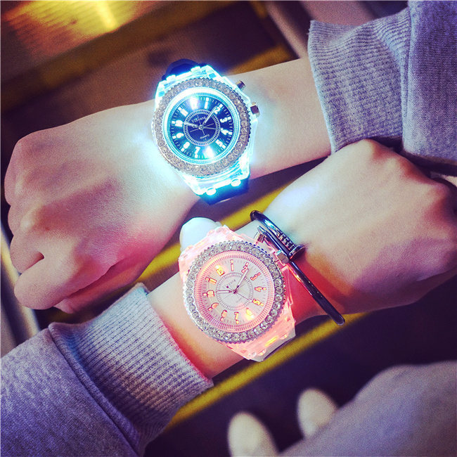 Luminous luminous personality rhinestone led Harajuku Korean fashion trend men and women students couple jelly quartz watch_voghion.com