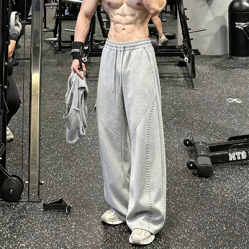 Light gray embroidered curved-leg sweatpants for men, autumn collection, high-end American-style fitness pants, heavyweight and flowing casual long pants