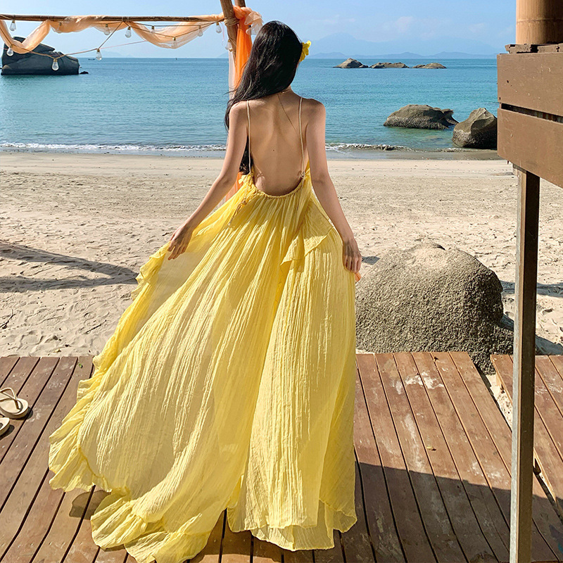 Beautiful Long Dress for Taking Photos in Sanya, Yellow Big Skirt Hem for Seaside Vacation, Backless Dress, Sexy Beach Dress with a Sense of Atmosphere Beautiful Long Dress for Taking Photos in Sanya, Yellow Big Skirt Hem for Seaside Vacation, Backless Dress, Sexy Beach Dress with a Sense of Atmosphere