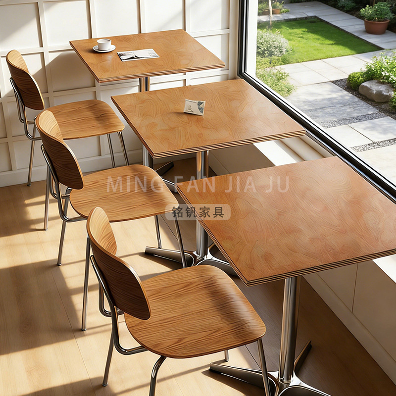 Natural Wood Style Cafe Ocean-Themed Table and Chair Set, Commercial Solid Wood Dining Table for Milk Tea and Dessert Shops, Simple Small Square Table Natural Wood Style Cafe Ocean-Themed Table and Chair Set, Commercial Solid Wood Dining Table for Milk Tea and Dessert Shops, Simple Small Square Table