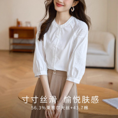 白色天丝衬衫女2025年夏秋新款独特别致法式七分袖衬衣上衣