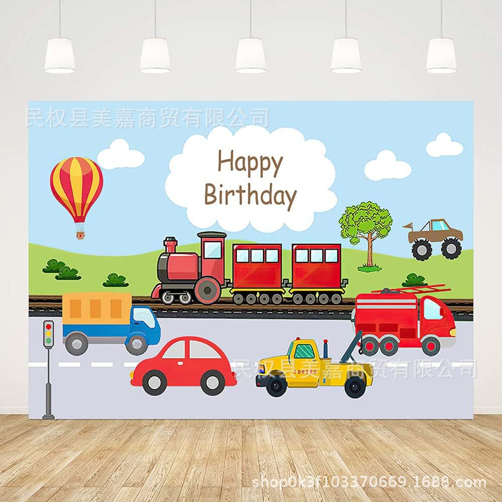 跨境交通主题卡通红色火车消防车儿童生日背景布蓝天白云背景布