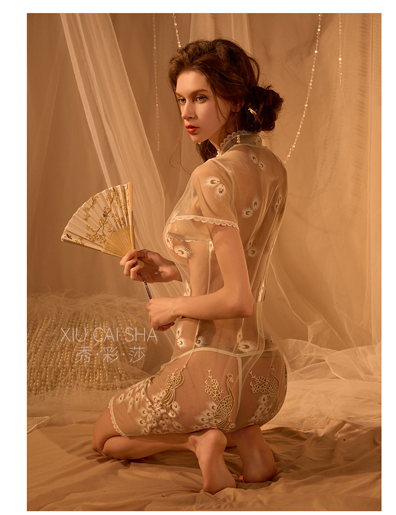 Phoenix Embroidered See-Through Cheongsam-Style Lingerie Set, Blue Lace, One Size — detail image 11