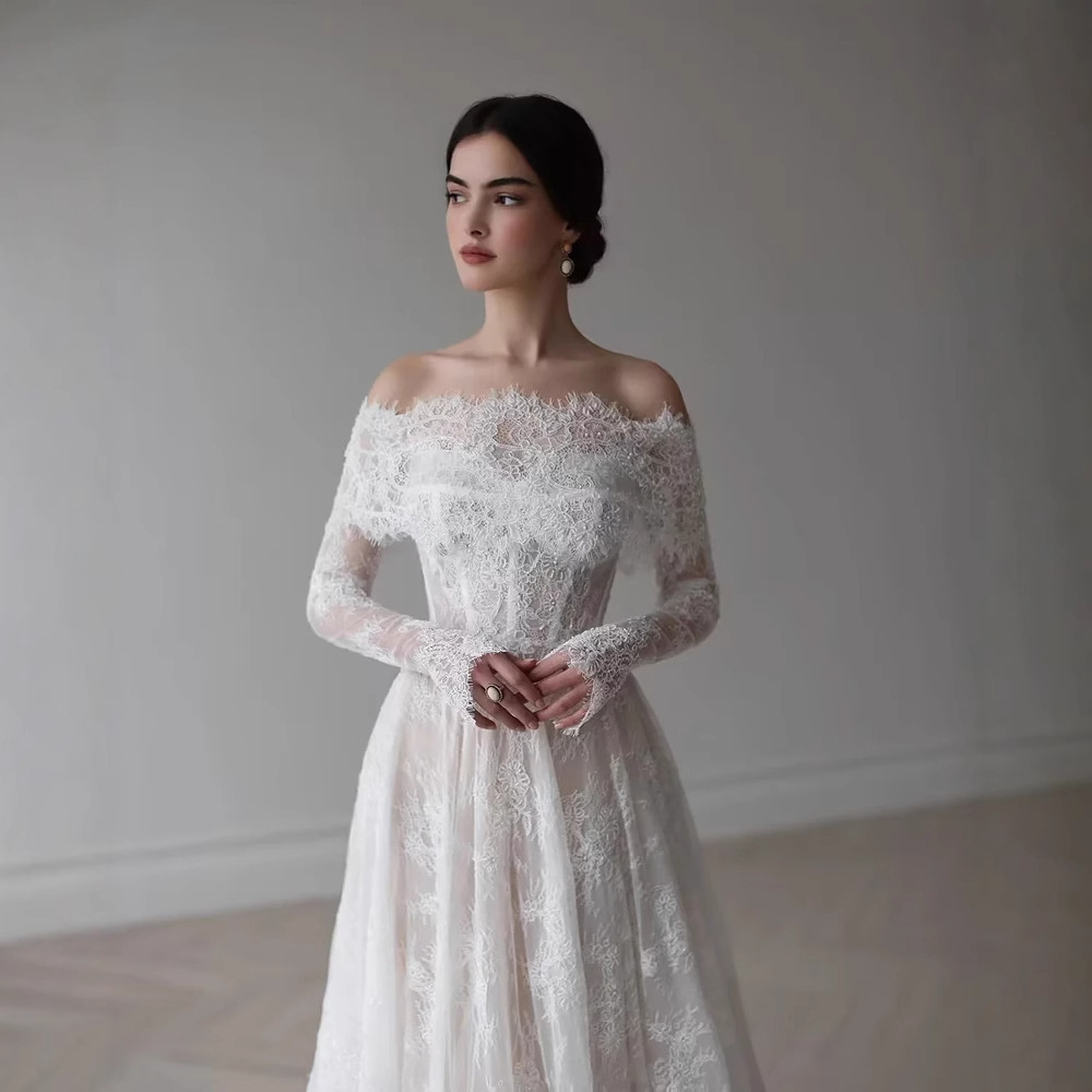 Aliexpress Off-Shoulder Light Wedding Dress for Petite Women, Long Small Train Wedding Dress, Mori Style New Outing Gown