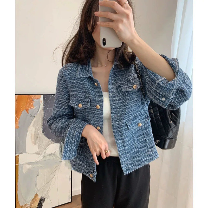 Футболка осенняя джинсовая куртка для подростков-девочек, стиль Chanel, корейский повседневный стиль, синий, размеры S–XL