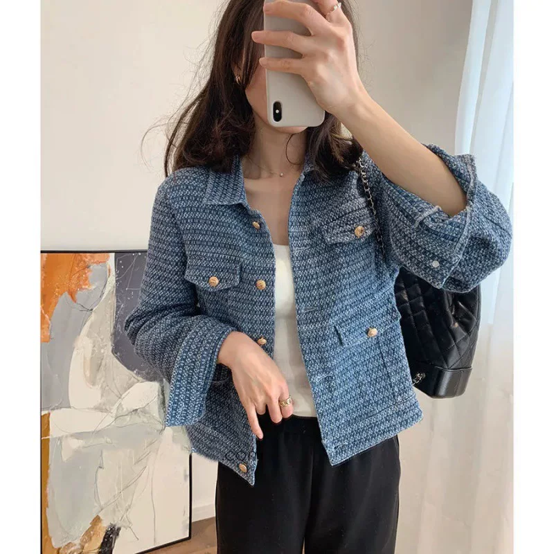 Футболка осенняя джинсовая куртка для подростков-девочек, стиль Chanel, корейский повседневный стиль, синий, размеры S–XL