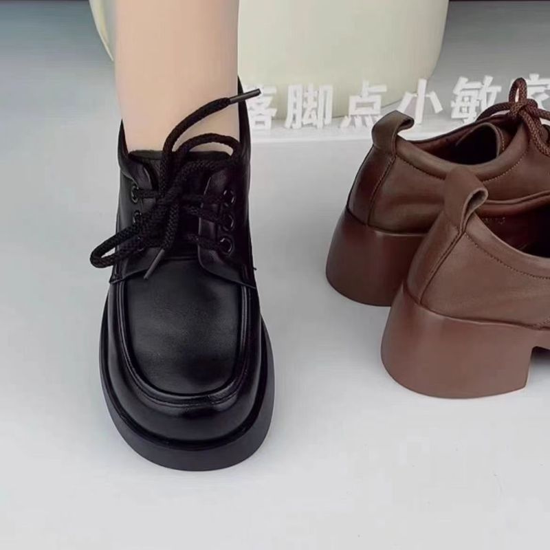 女性用シングルシューズ 2025 新しいファッション多用途レースアップラウンドトゥ厚いヒール黒平底ロートップ快適なスリッポン女性の靴|undefined