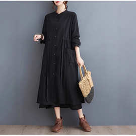 文艺复古气质通勤连衣裙立领新款长款腰带棉麻宽松显瘦披风大衣女