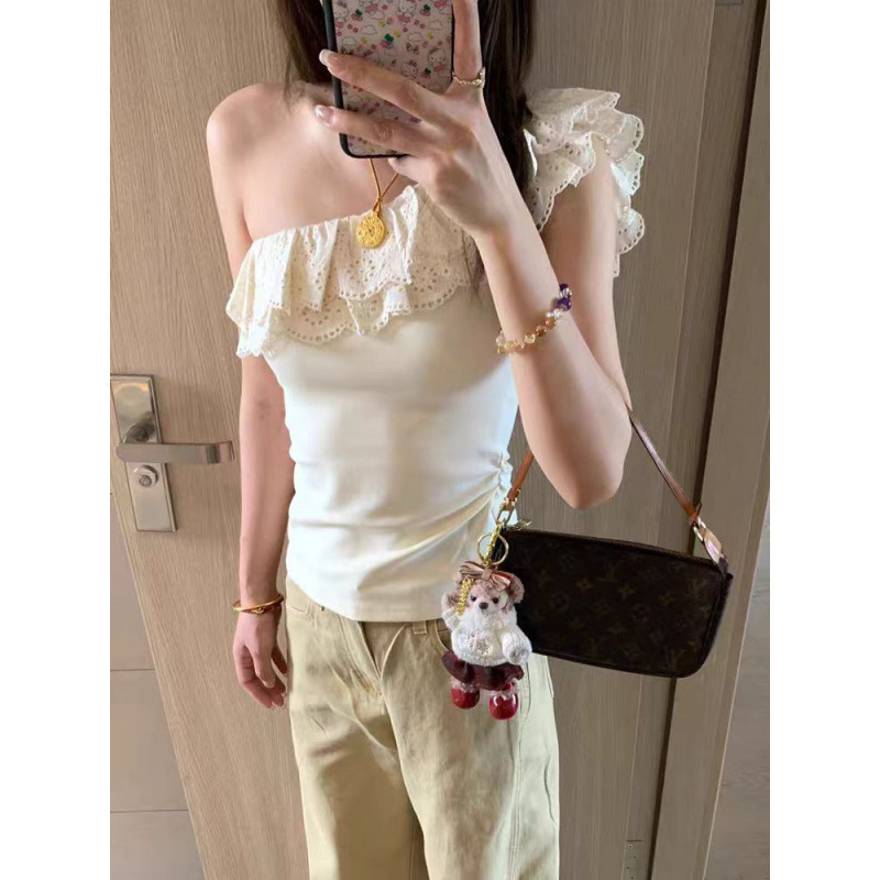 French Ruffled Off-Shoulder Camisole for Women Summer 2025 New Pure Desire Hot Girl Slim Short Off-Shoulder Top