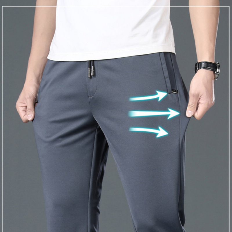 Pantalones de hombre de cintura elástica de verano, pantalones casuales de negocios elásticos rectos sueltos, pantalones deportivos ligeros para jóvenes y de mediana edad, pantalones de seda helada