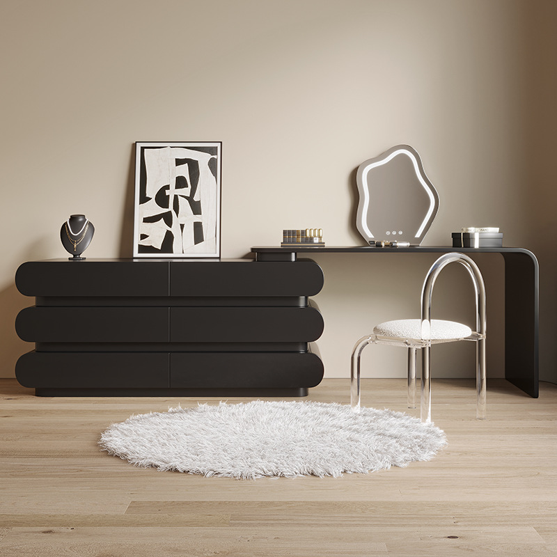 Italian Minimalist Dresser with Integrated Nightstand Bedside Cabinet, Luxury Modern Simple Black Wood Vanity