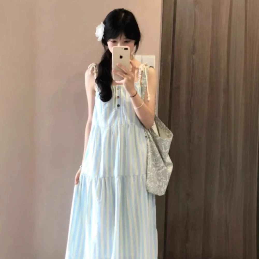 Французская сладкая длинная юбка женская 2025 лето новый нежный ветер свежий дизайн в полоску подтяжка юбка