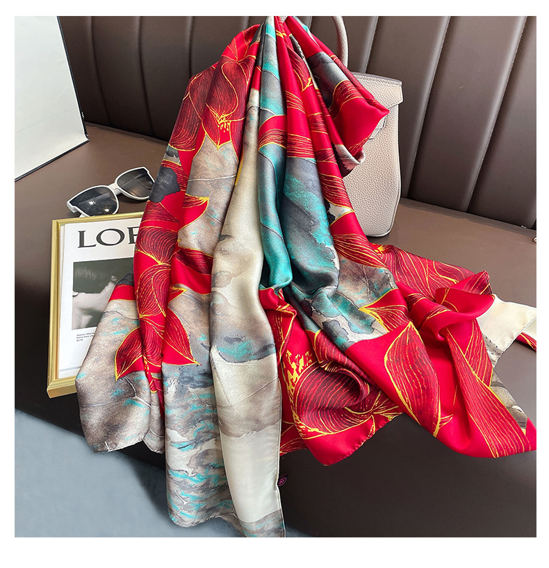 Wholesale Fashion Red Lotus Simulation Silk Scarf Nihaojewelry display picture 4