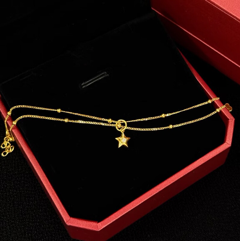 Double-Layer Fine Chain Gold Five-Pointed Star Pendant Bracelet for Women Suitable for Small Wrists, Niche Design, High-Value Jewelry