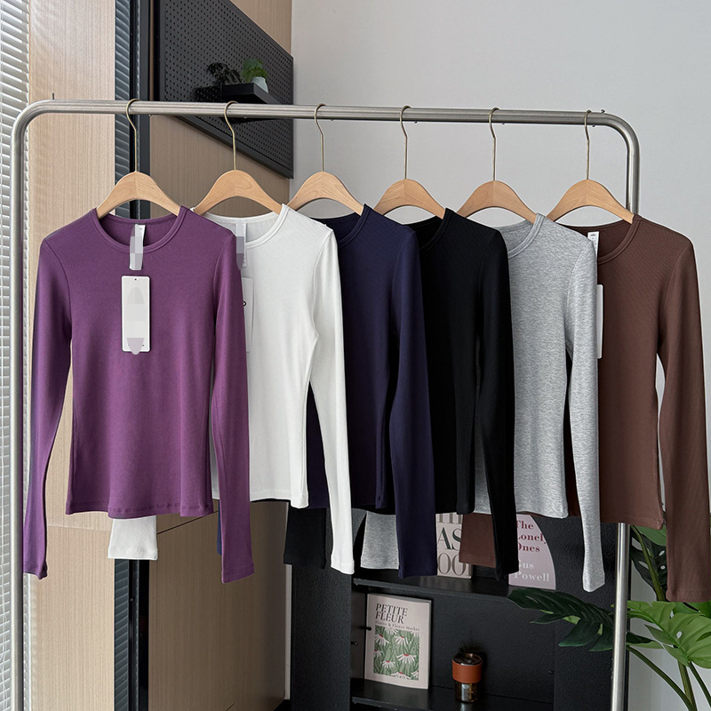 Cross-border AL* slim-fit knitted T-shirt for women, suitable for sports and yoga, round-neck top, can be worn as an inner layer or outer layer, long-sleeved base shirt
