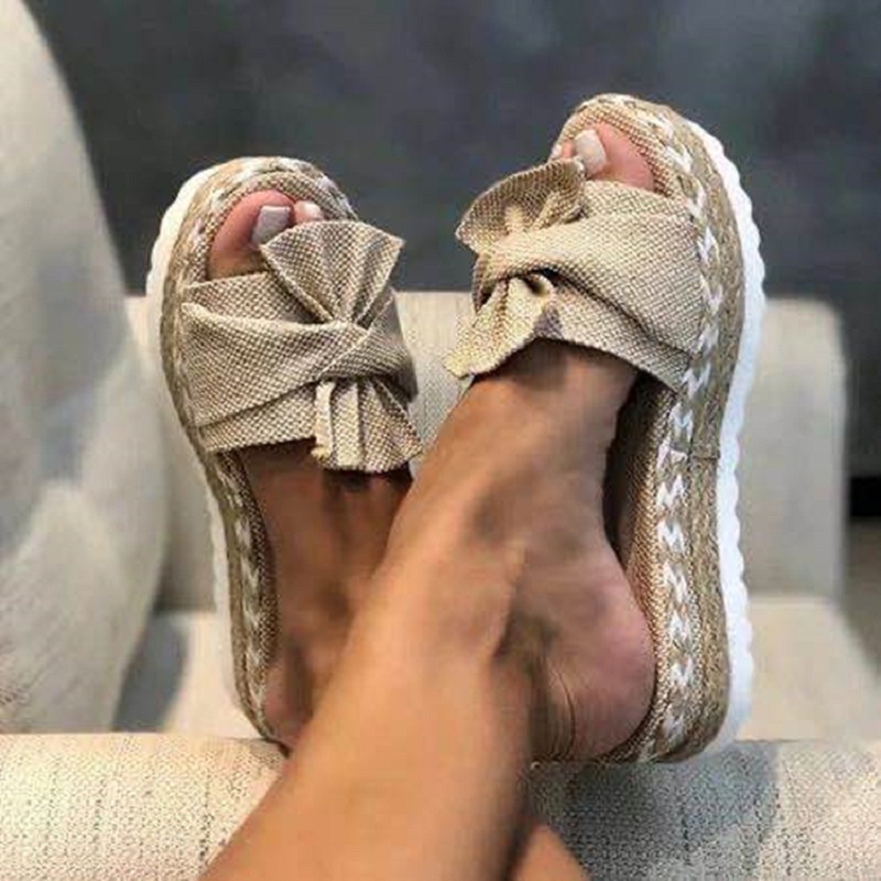 Summer wedge heel bow sandals for women, large-sized thick-soled rope beach shoes, large-sized women's shoes, size 43 wholesale details Picture