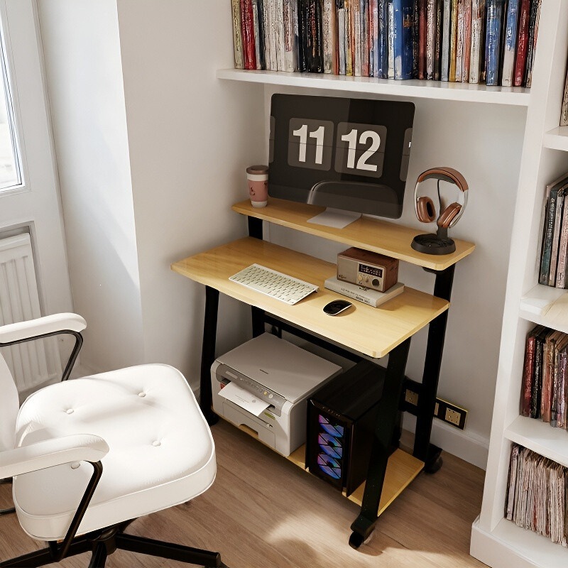 Mobile desktop computer table for small apartments, home-use desk for single bedroom, double-layer simple modern minimalist table Mobile desktop computer table for small apartments, home-use desk for single bedroom, double-layer simple modern minimalist table
