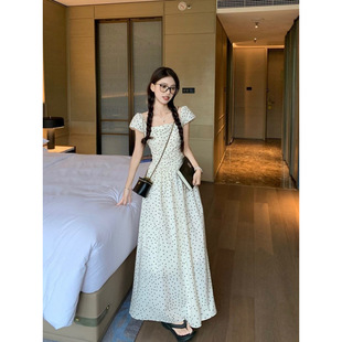 French Polka Dot Puff Sleeve Dress for Women Summer 2025 New Elegant Square Neck Waist Slimming Look A-Line Long Skirt